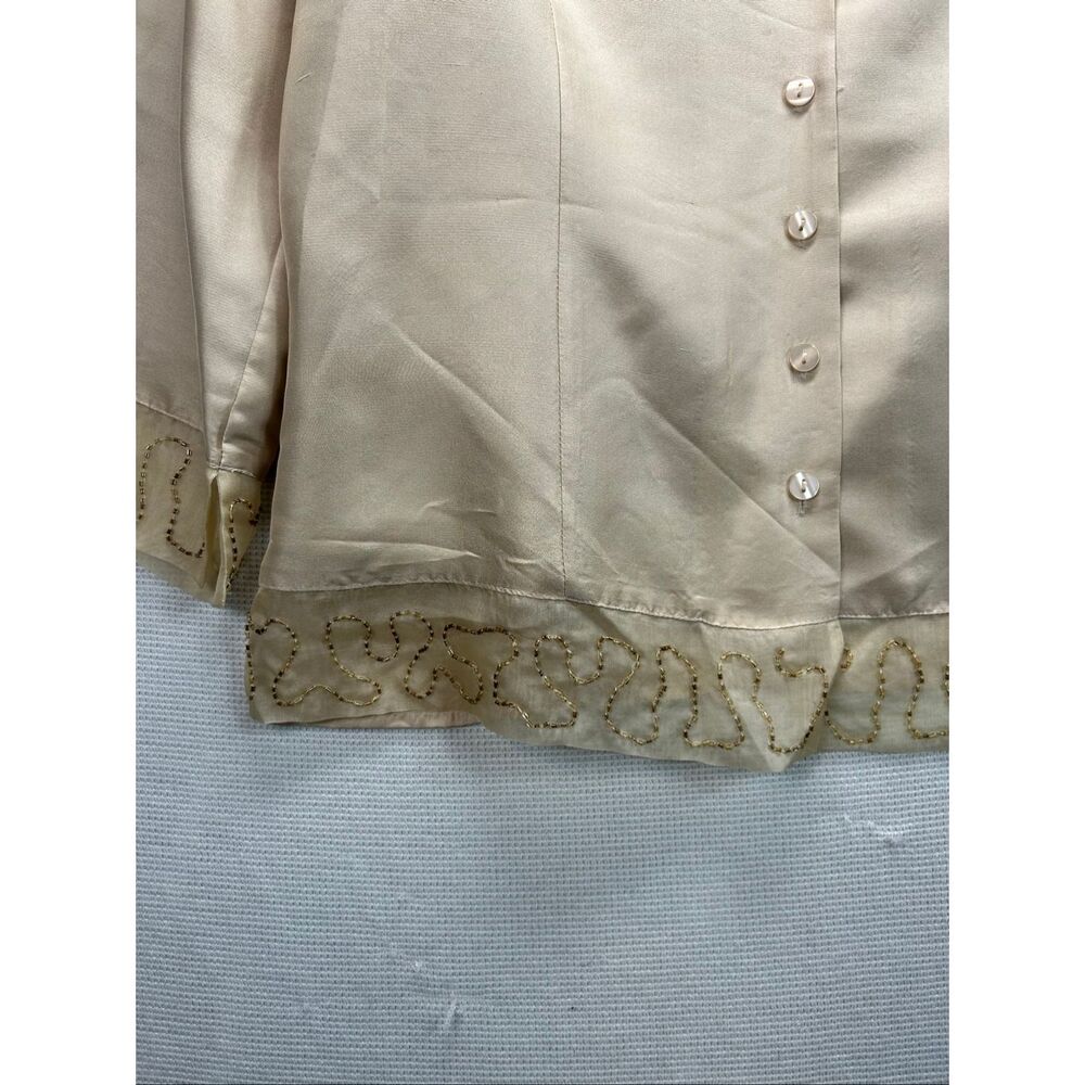 Anne Carson 100% Silk Blouse Vintage Beaded Floral Sheer Embroidery Cream L - Picture 9 of 9